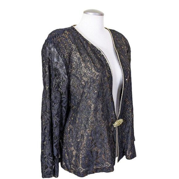 Vintage Womens Sheer Evening Jacket Plus 4XL Black Gold Sequin Rhinestone Clasp - Picture 2 of 8